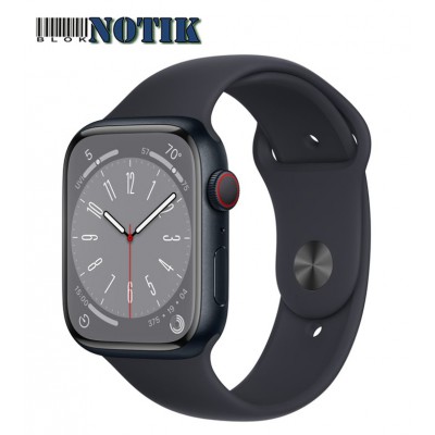 Apple Watch Series 8 GPS + Cellular 45mm Midnight Aluminum Case w. Midnight Sport Band MNK43/MNVJ3, MNK43-MNVJ3