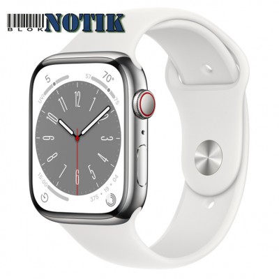 Apple Watch Series 8 GPS + Cellular 45mm Silver S. Steel Case w. White S. Band MNKE3, MNKE3