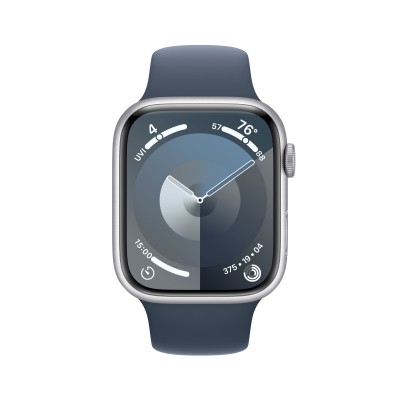 Apple Watch Series 9 GPS 45mm Silver Aluminum Case with Storm Blue Sport Band - M/L MR9E3, MR9E3
