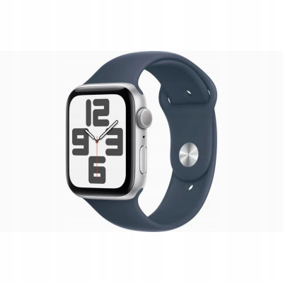 Apple Watch SE 2 GPS 44mm Silver Aluminum Case with Storm Blue Sport Band - M/L MREE3, MREE3