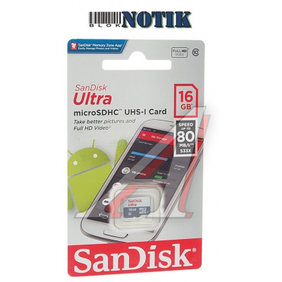 Карта памяти SanDisk 16GB Miсro-SDHC Class 10 UHS-I Ultra SDSQUNS-016G-GN3MN, sdsquns016ggn3mn